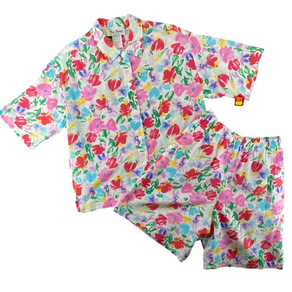 Vtg NOS 80s 90s Two Potato Resort Wear Button Down Shirt + Shorts Set S Floral - Picture 1 of 9